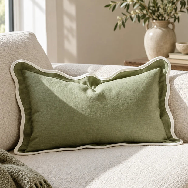 Chloe Sage Green And Cream Rectangle Scalloped Edge Cushion Cover — styled view 1
