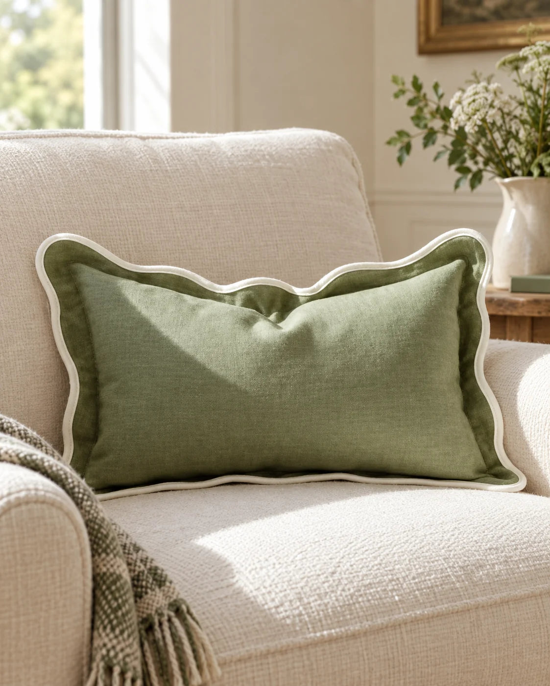 Chloe Sage Green And Cream Rectangle Scalloped Edge Cushion Cover — styled view 2