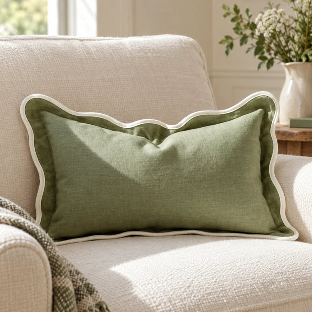 Chloe Sage Green And Cream Rectangle Scalloped Edge Cushion Cover — styled view 2
