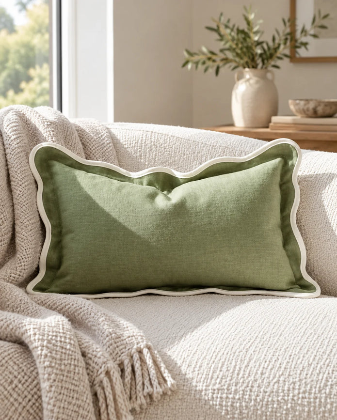 Chloe Sage Green And Cream Rectangle Scalloped Edge Cushion Cover — styled view 3