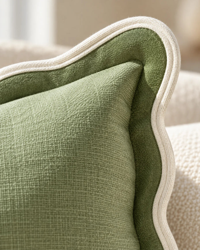 Chloe Sage Green And Cream Rectangle Scalloped Edge Cushion Cover — fabric detail 1