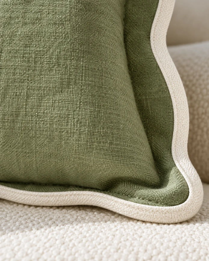 Chloe Sage Green And Cream Rectangle Scalloped Edge Cushion Cover — fabric detail 3