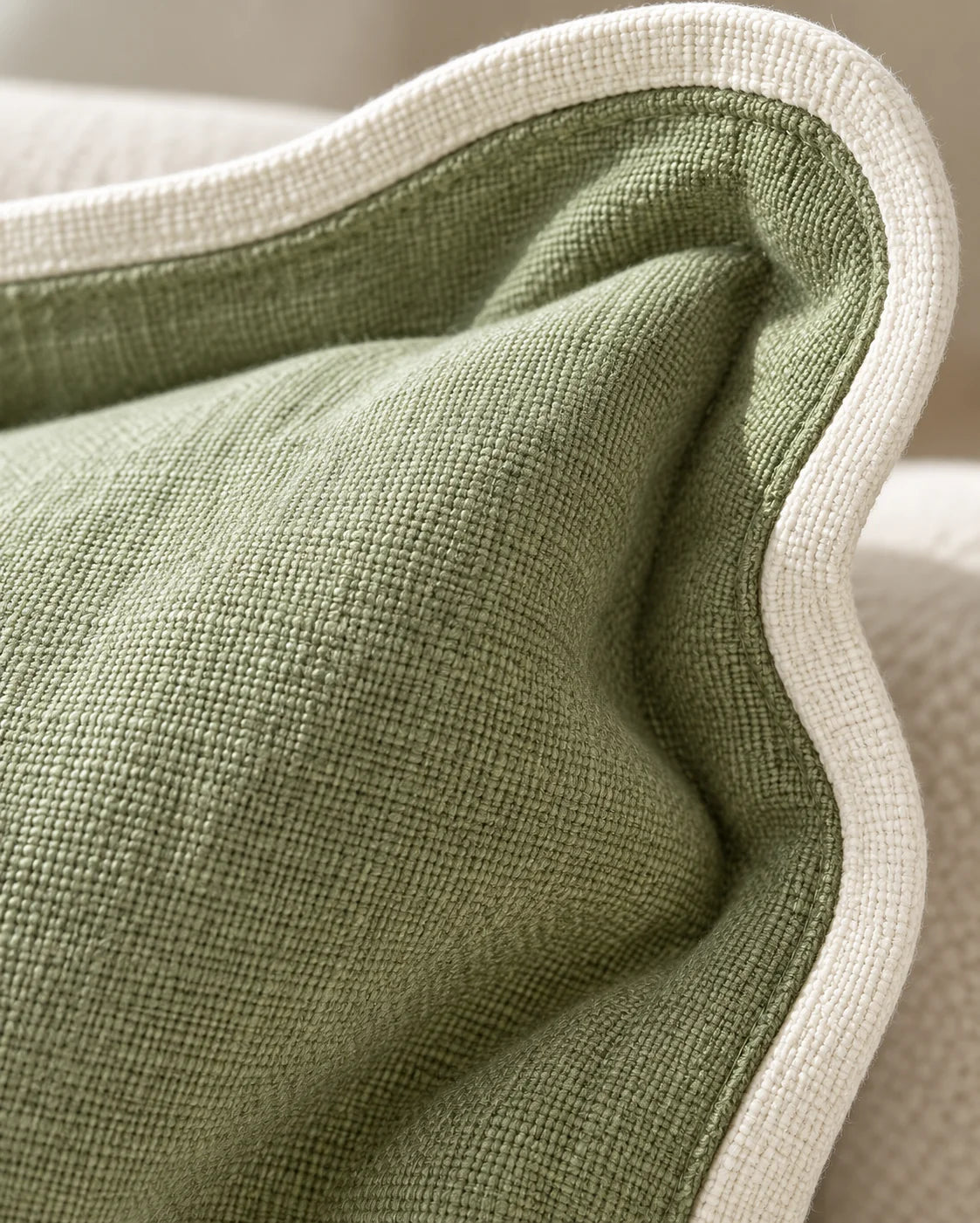 Chloe Sage Green And Cream Rectangle Scalloped Edge Cushion Cover — fabric detail 4