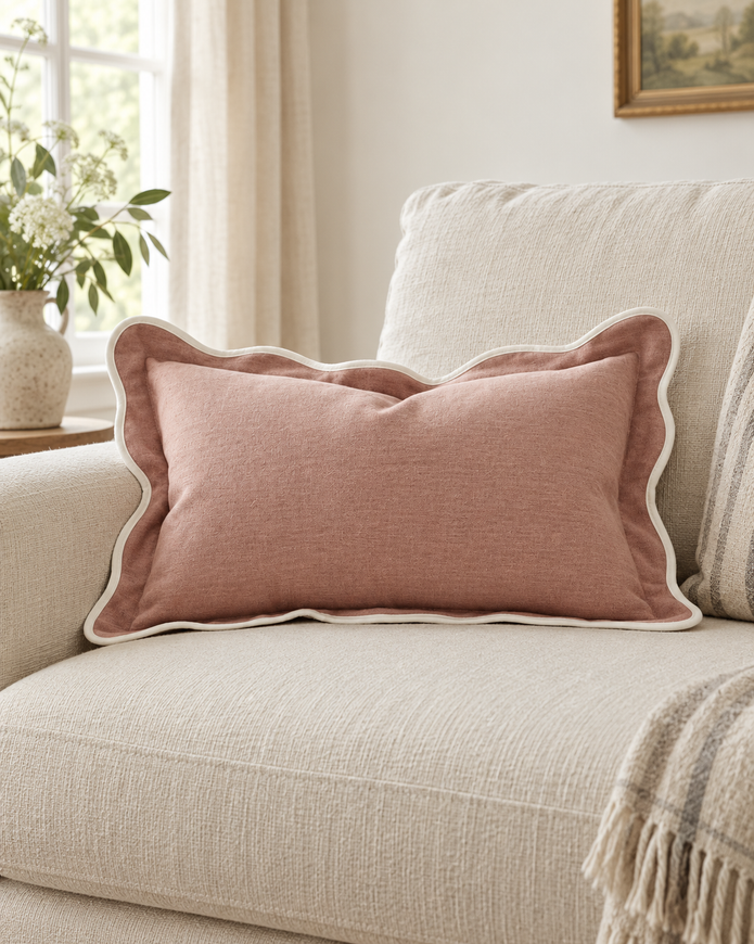 Chloe Dusty Pink Rectangle Scalloped Cushion Cover — styled view 1