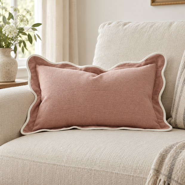 Chloe Dusty Pink Rectangle Scalloped Cushion Cover — styled view 1