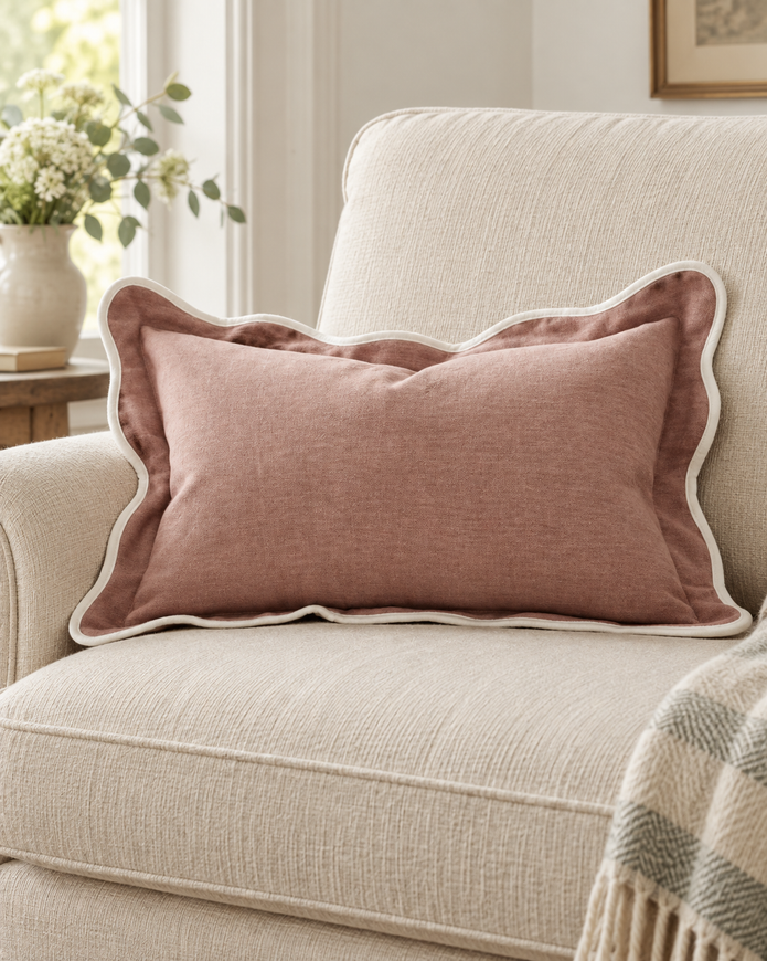 Chloe Dusty Pink Rectangle Scalloped Cushion Cover — styled view 2
