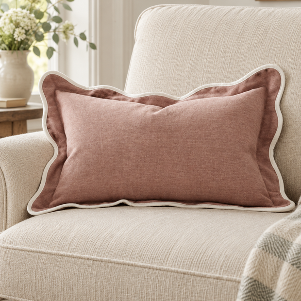 Chloe Dusty Pink Rectangle Scalloped Cushion Cover — styled view 2