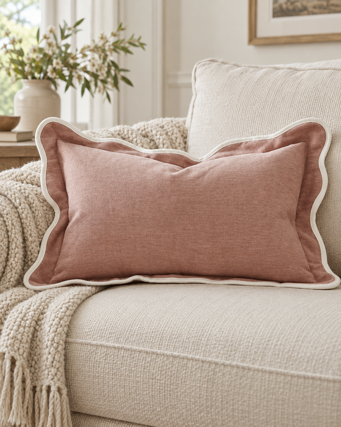 Chloe Dusty Pink Rectangle Scalloped Cushion Cover — styled view 3