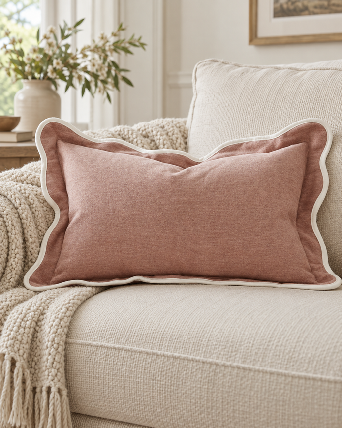 Chloe Dusty Pink Rectangle Scalloped Cushion Cover — styled view 3