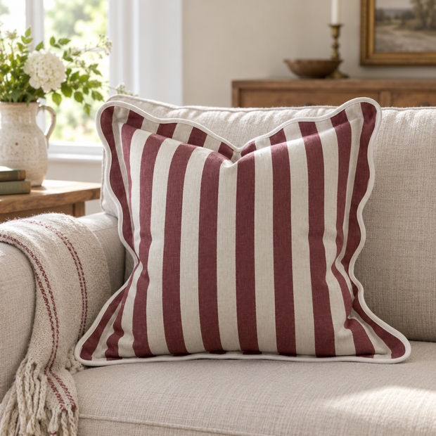 Chloe Burgundy Square Stripe Scalloped Cushion Cover — styled view 1
