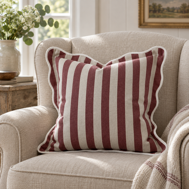Chloe Burgundy Square Stripe Scalloped Cushion Cover — styled view 2
