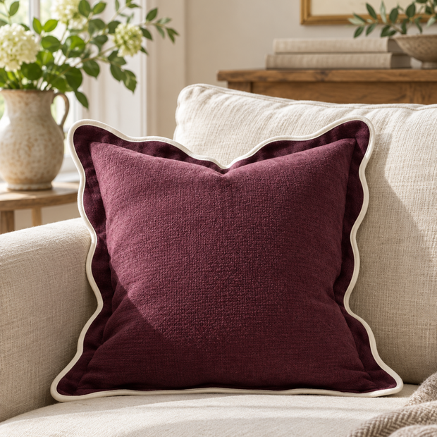 Chloe Burgundy Square Plum And Cream Scalloped Cushion Cover — styled view 1