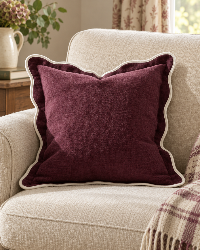 Chloe Burgundy Square Plum And Cream Scalloped Cushion Cover — styled view 2