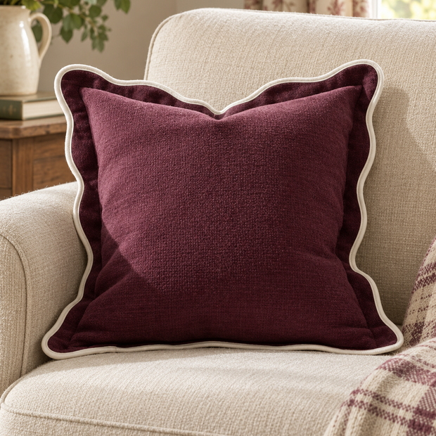 Chloe Burgundy Square Plum And Cream Scalloped Cushion Cover — styled view 2