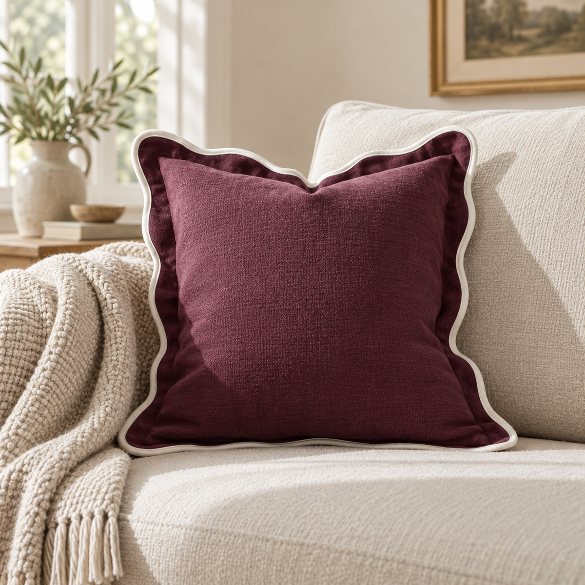 Chloe Burgundy Square Plum And Cream Scalloped Cushion Cover — styled view 3