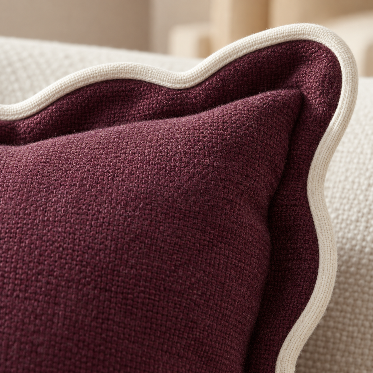 Chloe Burgundy Square Plum And Cream Scalloped Cushion Cover — fabric detail 1