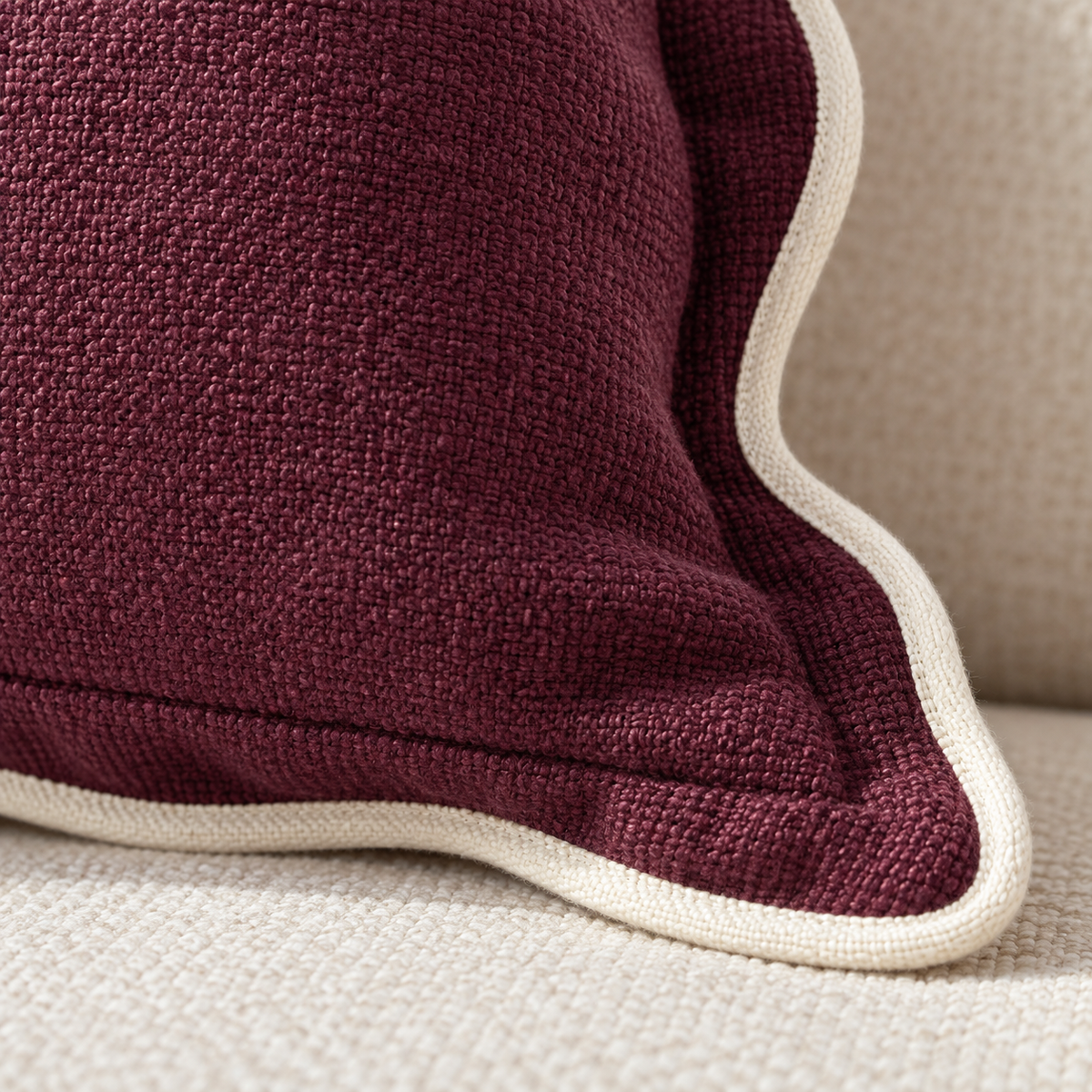 Chloe Burgundy Square Plum And Cream Scalloped Cushion Cover — fabric detail 3