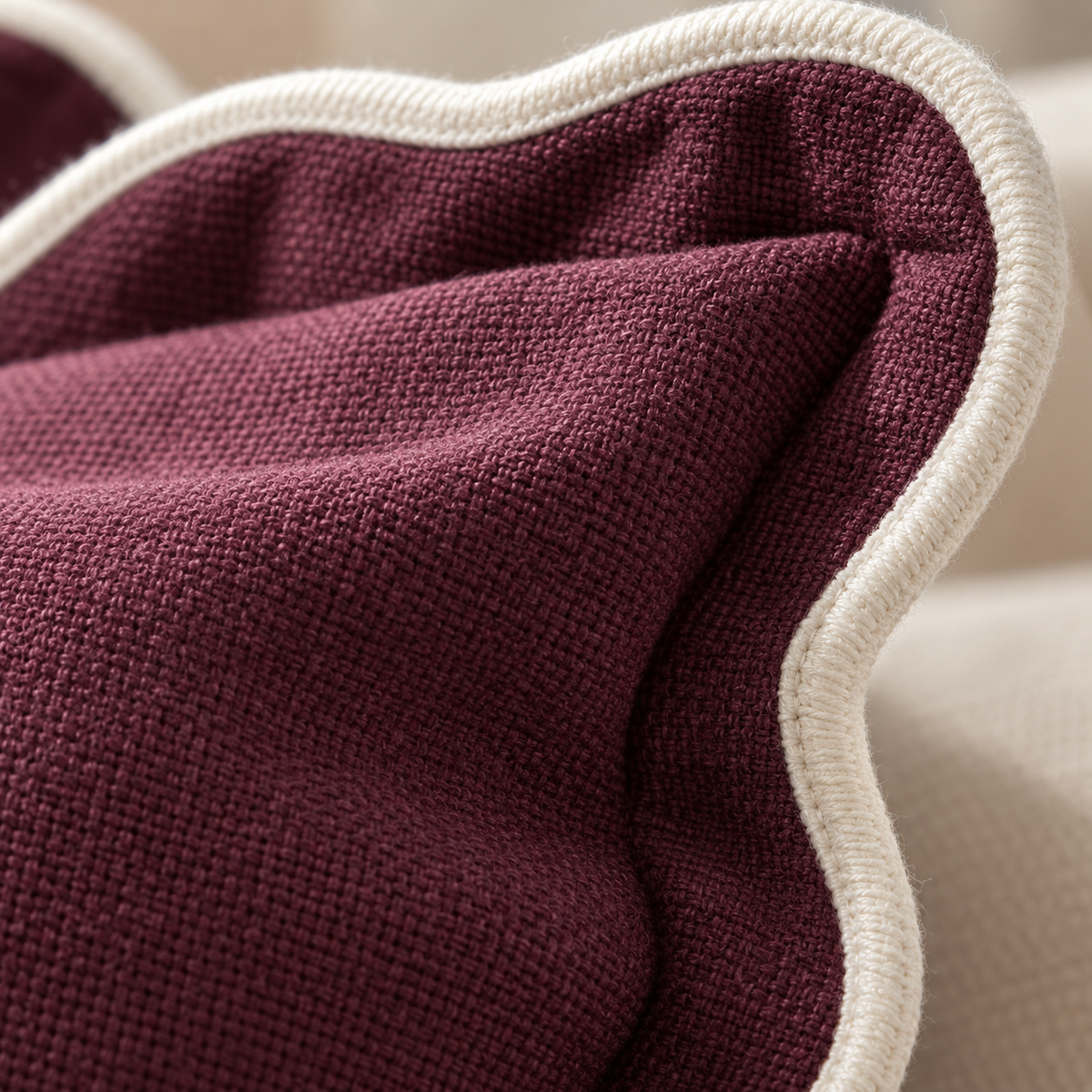 Chloe Burgundy Square Plum And Cream Scalloped Cushion Cover — fabric detail 4
