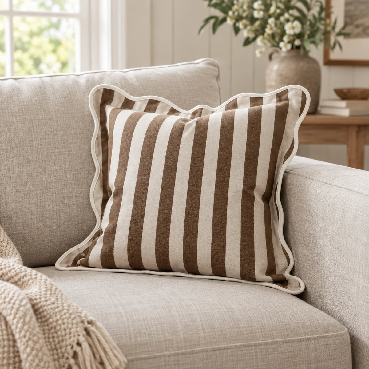 Chloe Brown Square Stripe Scalloped Cushion Cover — styled view 1