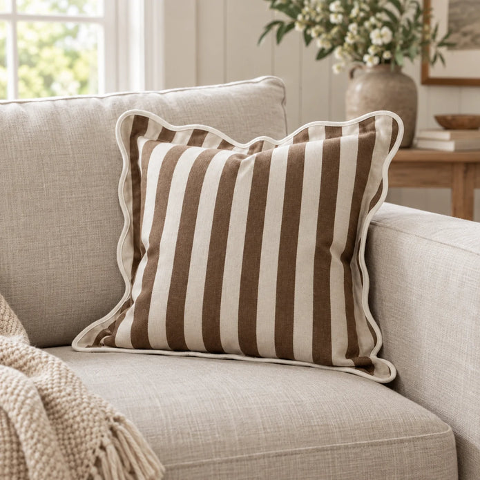 Chloe Brown Square Stripe Scalloped Cushion Cover — styled view 1