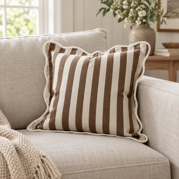Chloe Brown Square Stripe Scalloped Cushion Cover — styled view 1