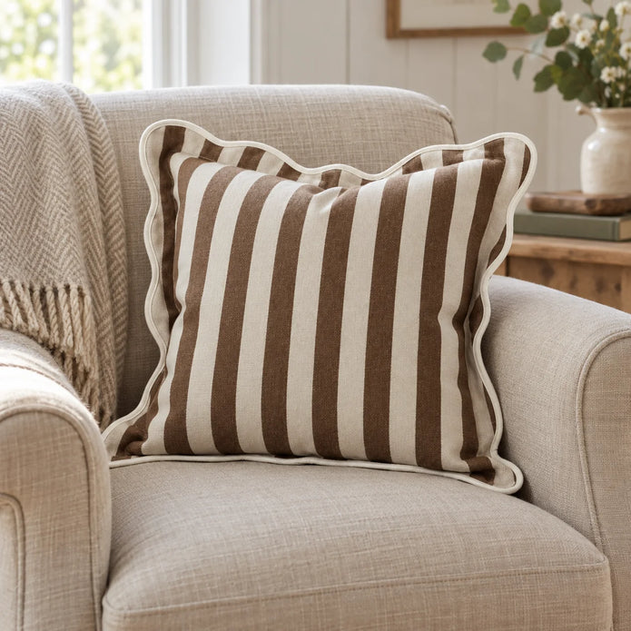 Chloe Brown Square Stripe Scalloped Cushion Cover — styled view 2