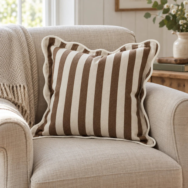 Chloe Brown Square Stripe Scalloped Cushion Cover — styled view 2