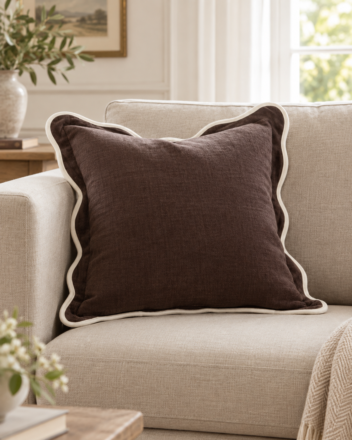 Chloe Chocolate Brown Square Scalloped Cushion Cover — styled view 1
