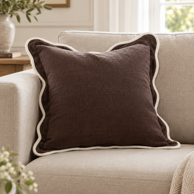 Chloe Chocolate Brown Square Scalloped Cushion Cover — styled view 1