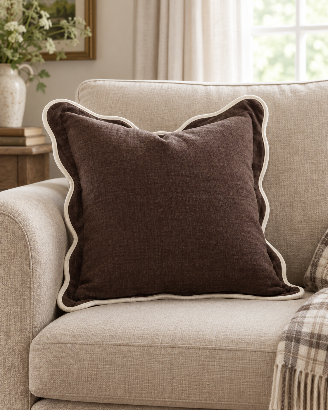 Chloe Chocolate Brown Square Scalloped Cushion Cover — styled view 2