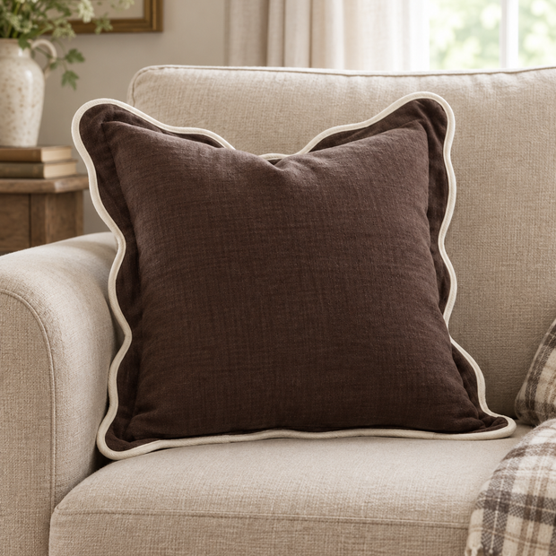 Chloe Chocolate Brown Square Scalloped Cushion Cover — styled view 2