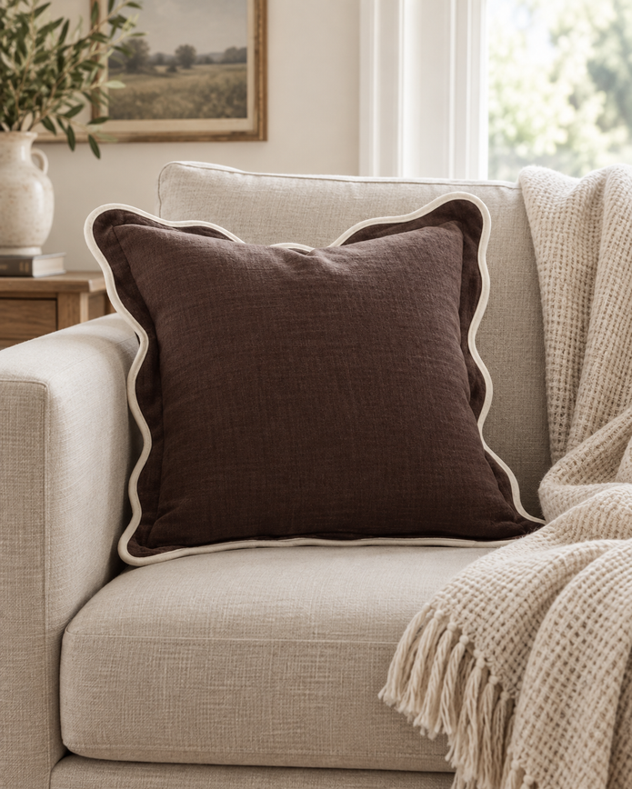 Chloe Chocolate Brown Square Scalloped Cushion Cover — styled view 3