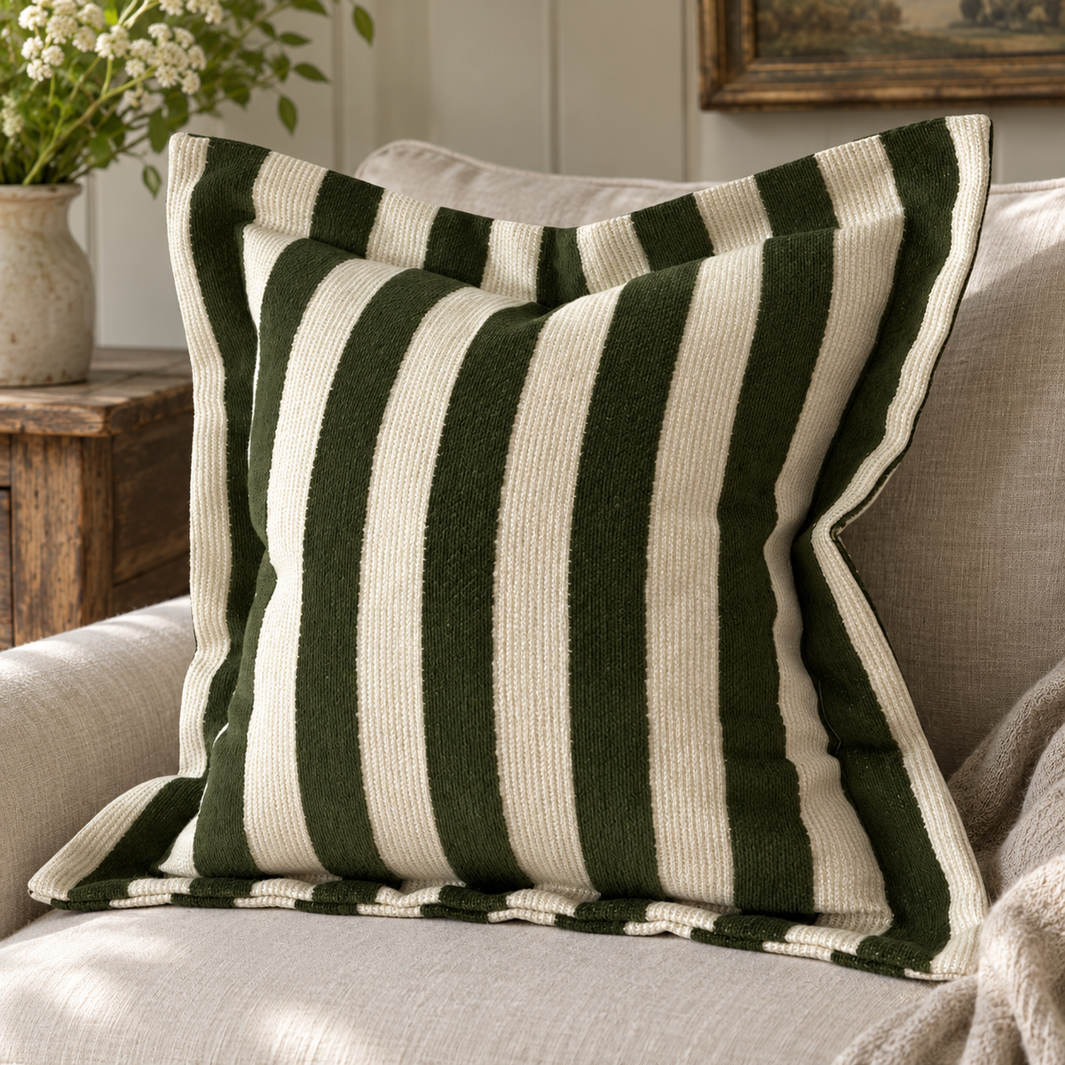 Orla Olive Green Stripe Cushion Cover — styled view 2