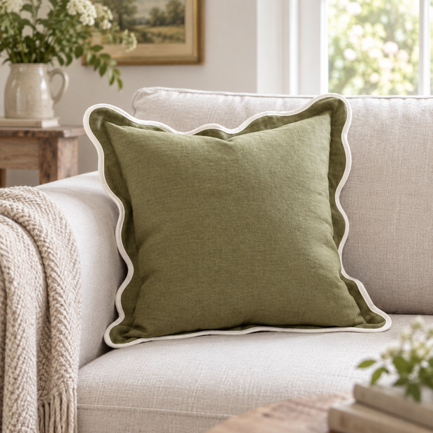 Chloe Olive Green Square Scalloped Edge Cushion Cover — styled view 1