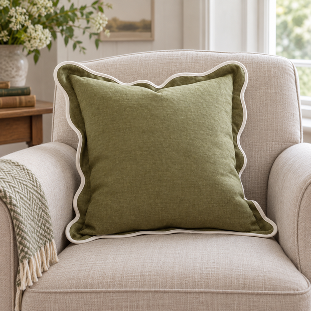 Chloe Olive Green Square Scalloped Edge Cushion Cover — styled view 2