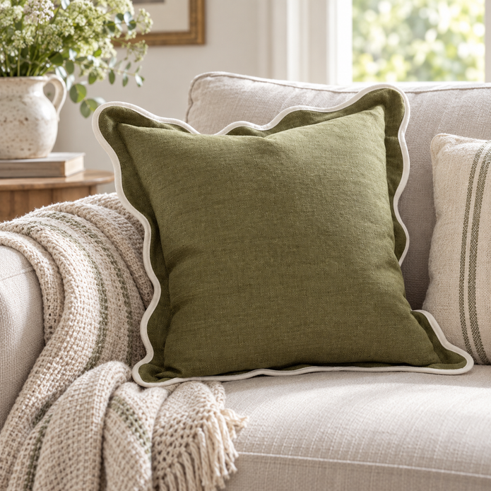 Chloe Olive Green Square Scalloped Edge Cushion Cover — styled view 3