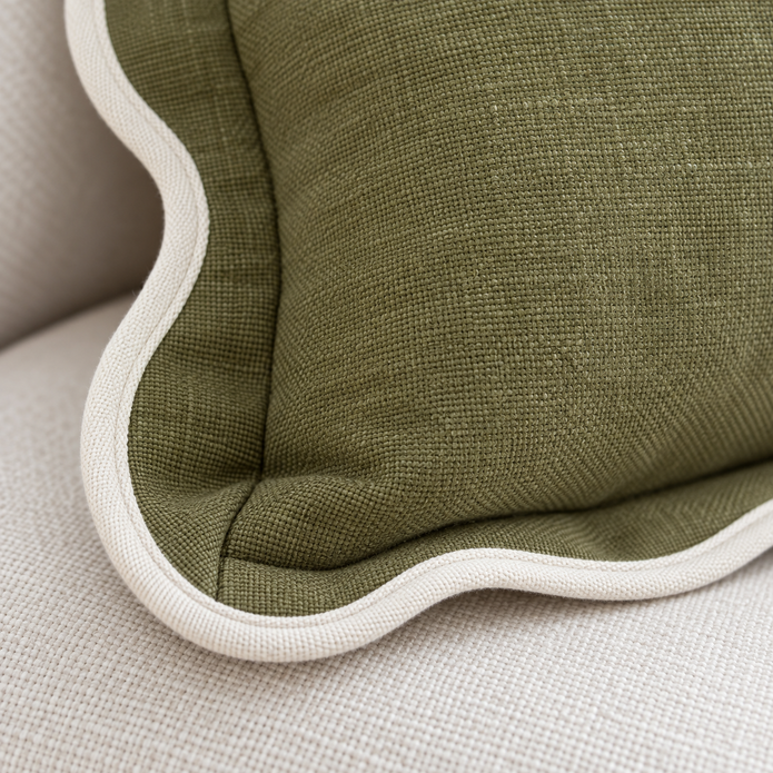 Chloe Olive Green Square Scalloped Edge Cushion Cover — fabric detail 3