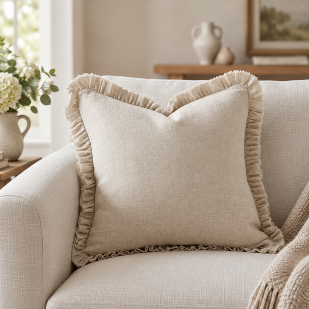 Grace Beige Square Ruffle Cushion Cover — styled view 1