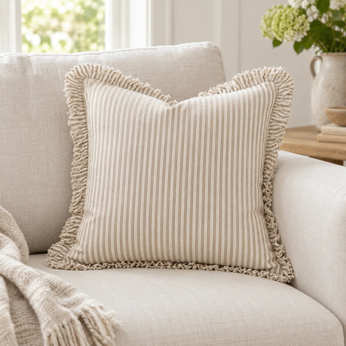 Hallie Light Brown Pinstripe Square Cushion Cover — styled view 1