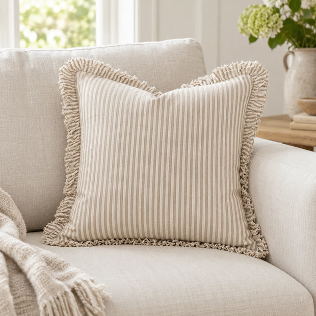 Hallie Light Brown Pinstripe Square Cushion Cover — styled view 1