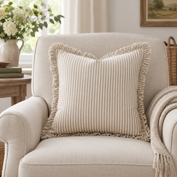 Hallie Light Brown Pinstripe Square Cushion Cover — styled view 2