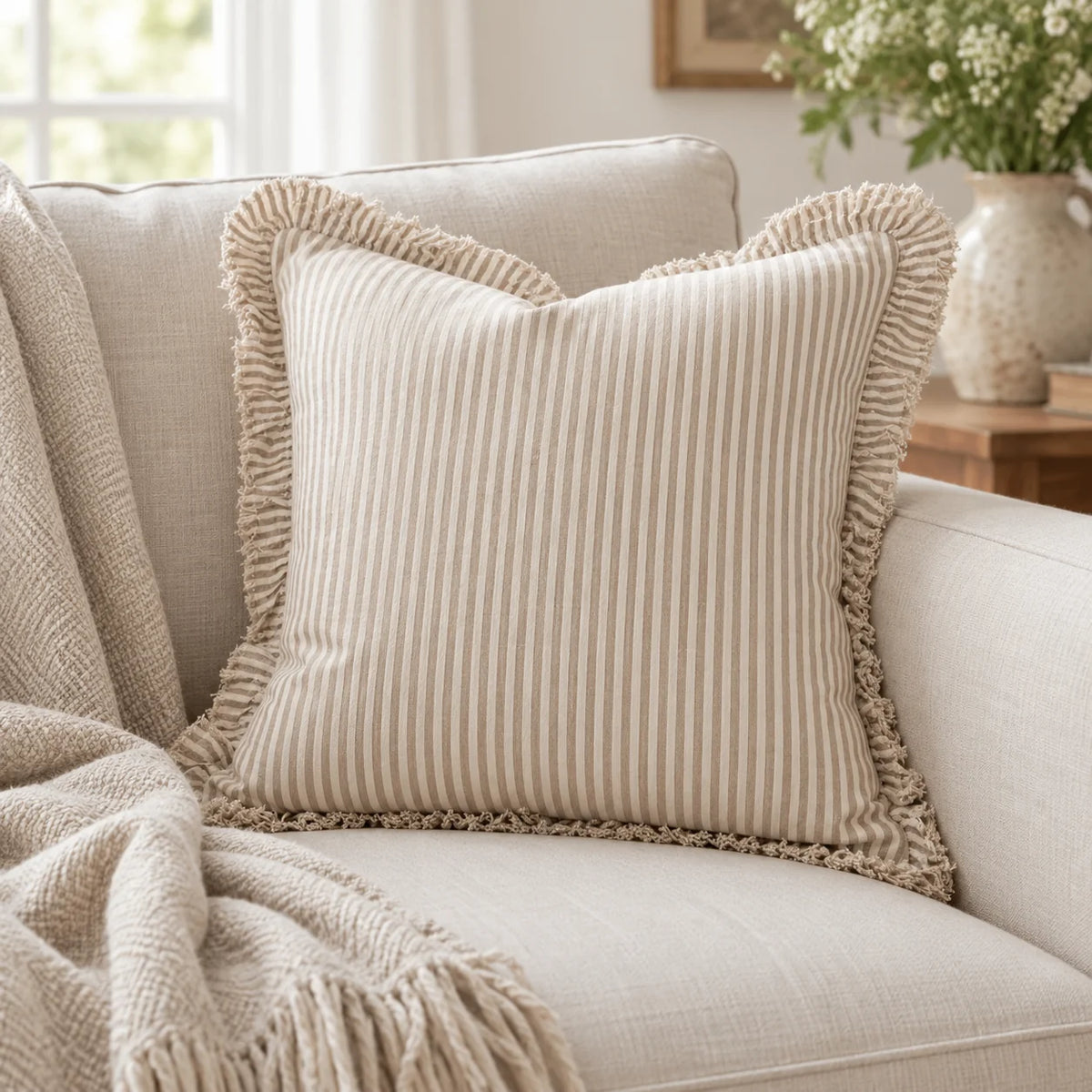 Hallie Light Brown Pinstripe Square Cushion Cover — styled view 3