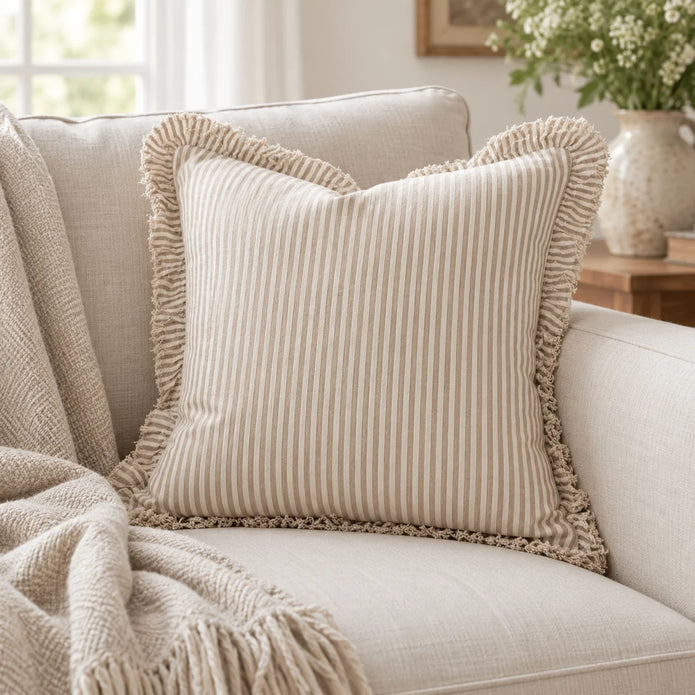Hallie Light Brown Pinstripe Square Cushion Cover — styled view 3