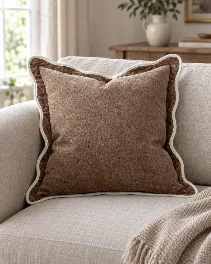 Chloe Coffee Brown And Cream Scalloped Cushion Cover — styled view 1