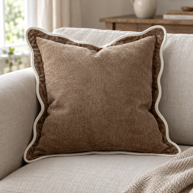 Chloe Coffee Brown And Cream Scalloped Cushion Cover — styled view 1