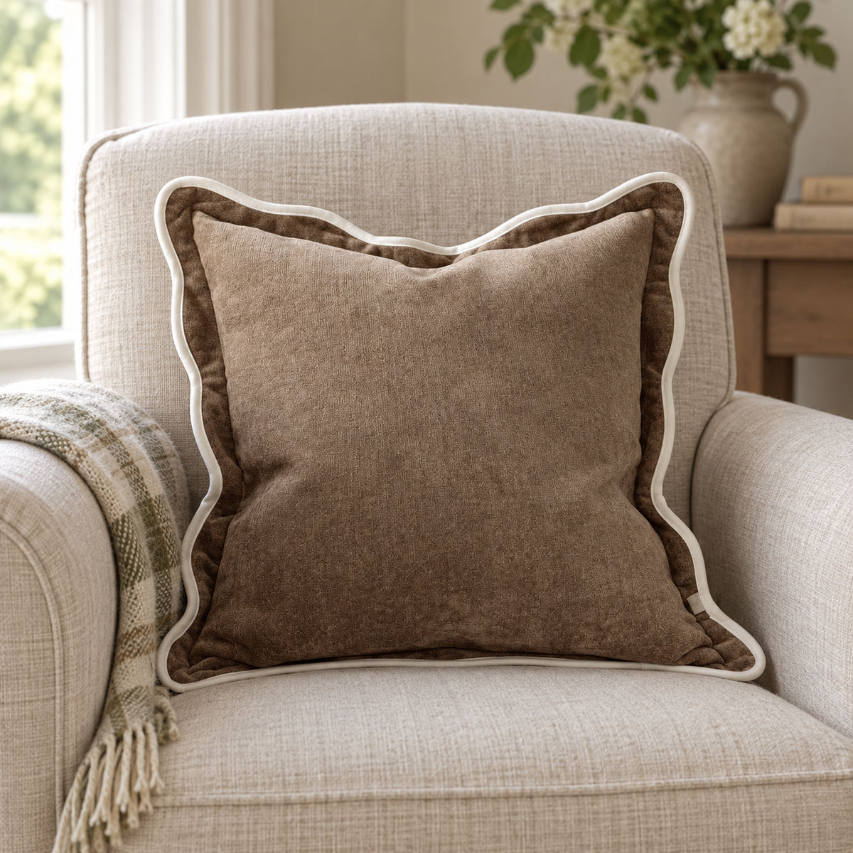 Chloe Coffee Brown And Cream Scalloped Cushion Cover — styled view 2