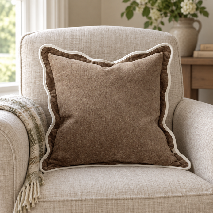 Chloe Coffee Brown And Cream Scalloped Cushion Cover — styled view 2