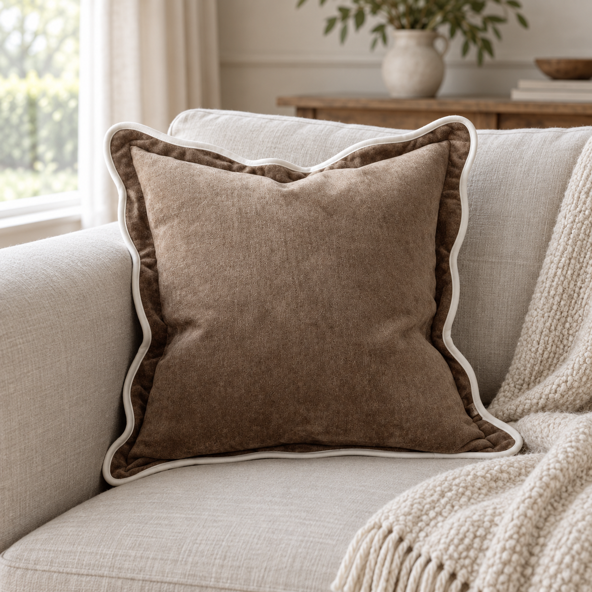 Chloe Coffee Brown And Cream Scalloped Cushion Cover — styled view 3