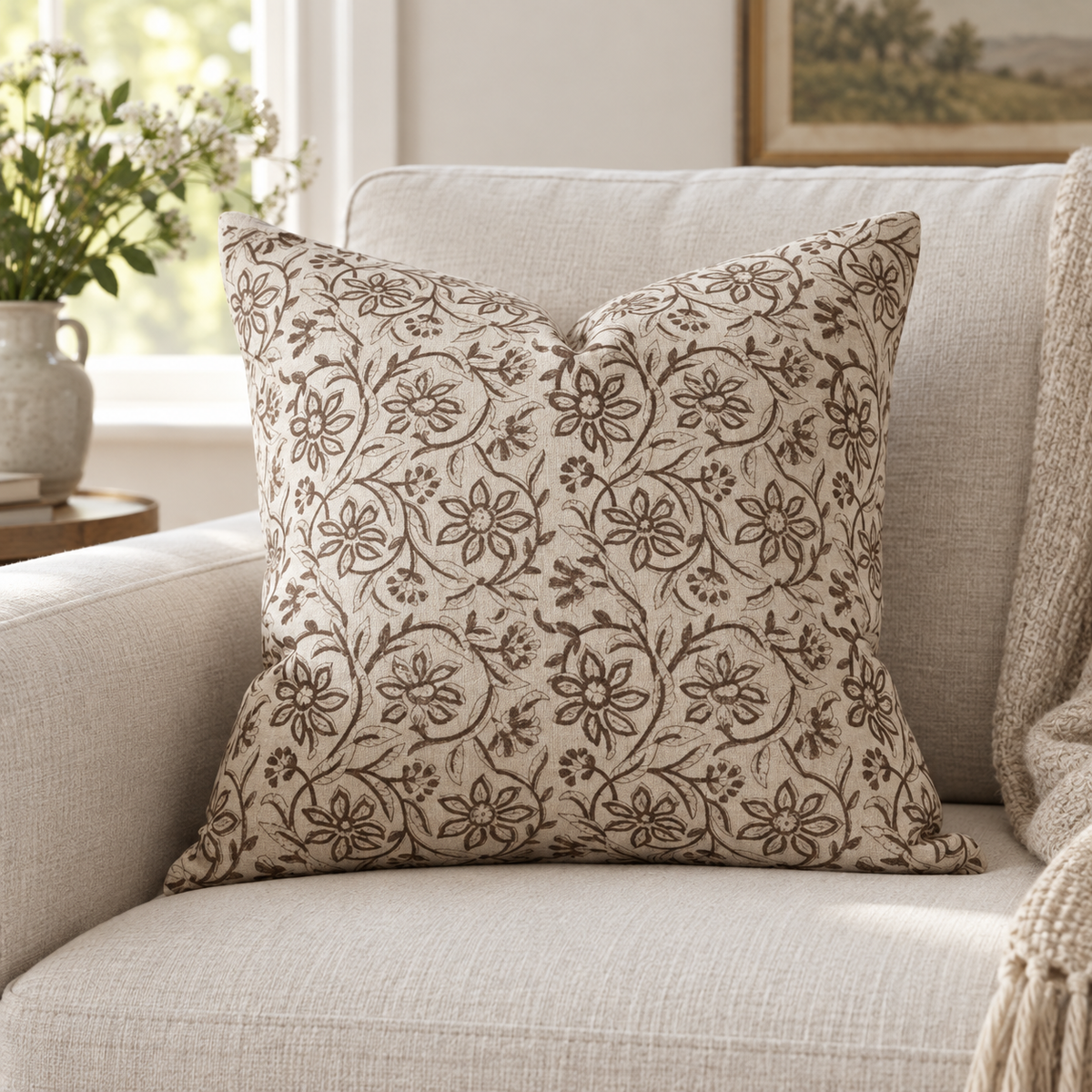 Ivy Brown Floral Print Luxury Cotton Cushion Cover — styled view 1