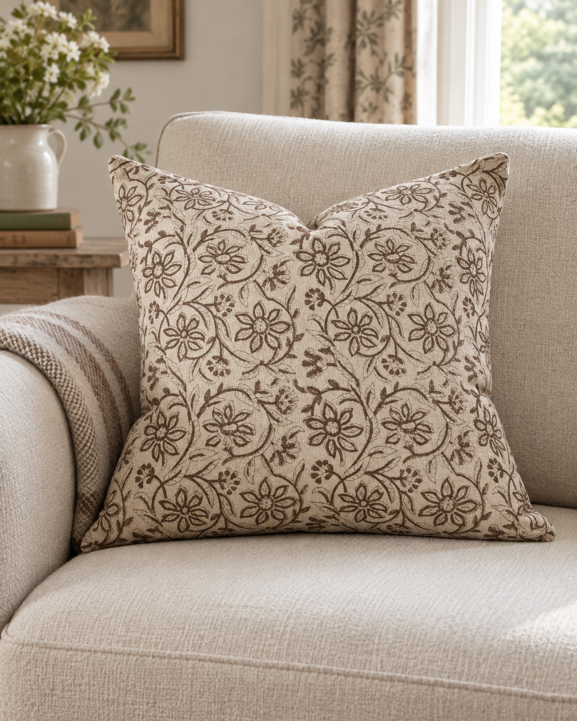 Ivy Brown Floral Print Luxury Cotton Cushion Cover — styled view 2